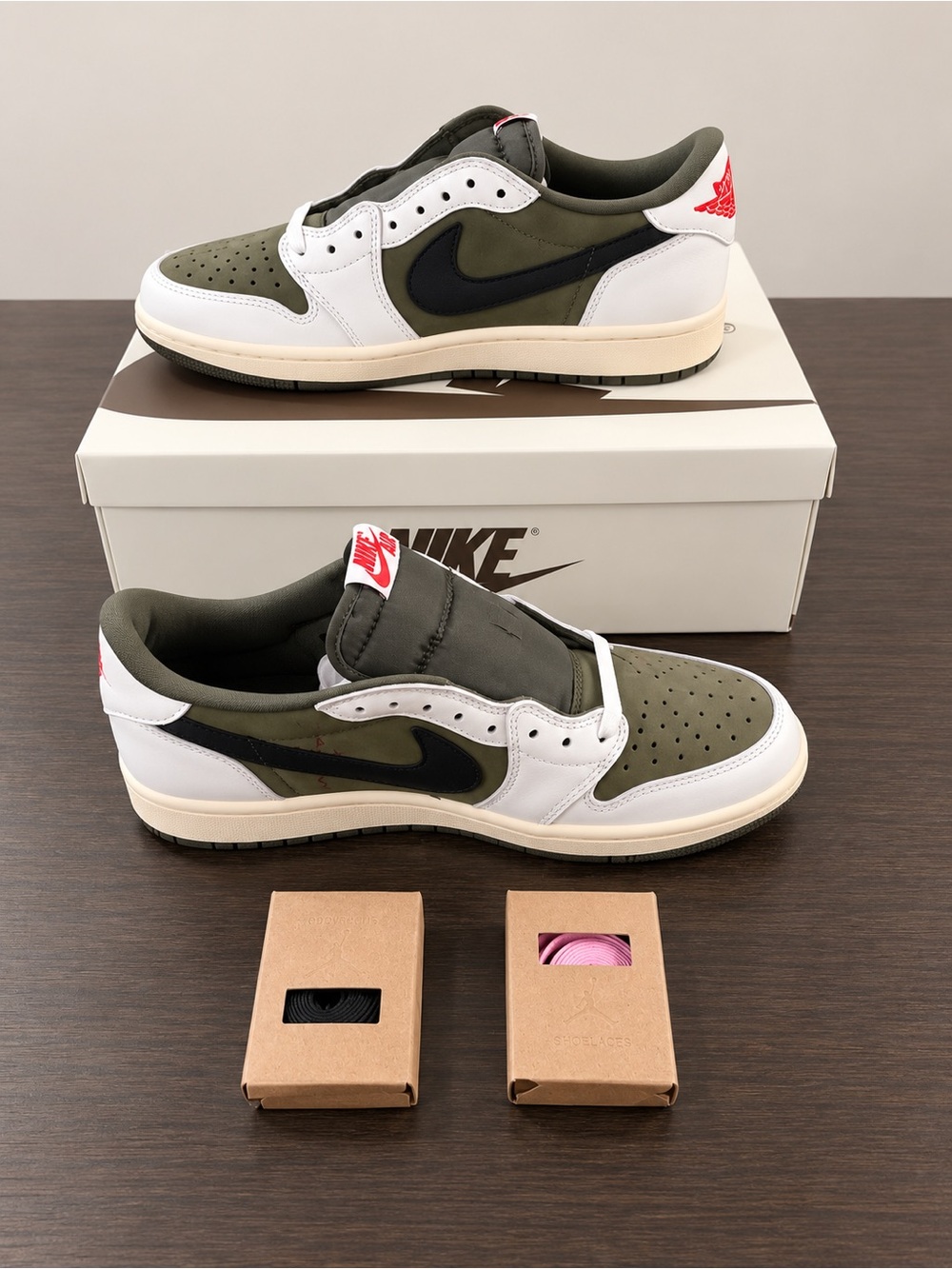 Nike Air Jordan 1 Low - Travis Scott Olive Green |  White / Black with Red Accen